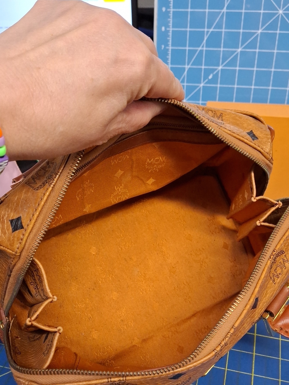 MCM Cognac Visetos Monogram Satchel Gold Hardware Removable Adj Strap Preloved - Picture 10 of 16